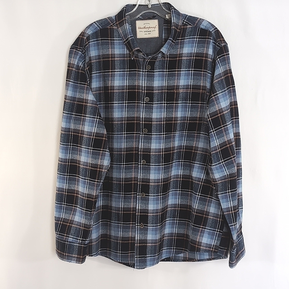 Weatherproof 100% Cotton Light Dark Blue Flannel Shirt Button Down Collar Sze XL